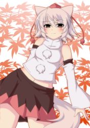 Rule 34 | 1girl, animal ears, bare shoulders, blush, breasts, detached sleeves, female focus, grey hair, hat, inubashiri momiji, masiromu, midriff, navel, pom pom (clothes), red eyes, short hair, skirt, small breasts, smile, solo, squinting, tail, tassel, tokin hat, touhou, wolf ears, wolf tail