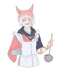 Rule 34 | 1boy, 45liza109, absurdres, animal ears, apron, blush, cat ears, closed eyes, crystal, crystal exarch, facial mark, final fantasy, final fantasy xiv, g&#039;raha tia, grey hair, hair between eyes, highres, holding, holding ladle, ladle, male focus, material growth, miqo&#039;te, multicolored hair, open mouth, red eyes, red hair, simple background, slit pupils, smile, solo, teeth, twitter username, white apron, white background