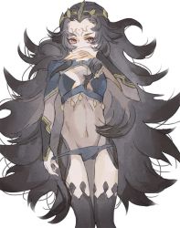 Rule 34 | 1girl, big hair, black hair, bodysuit, breasts, circlet, cleavage, facial mark, fire emblem, fire emblem fates, forehead mark, long hair, navel, nintendo, nyx (fire emblem), panties, panty pull, red eyes, revealing clothes, shourou kanna, small breasts, solo, thighhighs, underwear, very long hair
