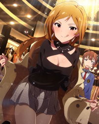 Rule 34 | 10s, 2girls, artist request, breasts, brown eyes, brown hair, cleavage, earrings, idolmaster, idolmaster million live!, jewelry, licking lips, long hair, momose rio, multiple girls, official art, one eye closed, pantyhose, side ponytail, smile, tongue, tongue out, yokoyama nao