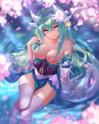 Rule 34 | 1girl, absurdres, aqua hair, aqua kimono, breasts, breasts out, cherry blossoms, dragon girl, dragon horns, fate/grand order, fate (series), heiyan shenshi, highres, horns, japanese clothes, kimono, kiyohime (fate), large breasts, looking at viewer, nipples, obi, off shoulder, partially submerged, pelvic curtain, sash, short kimono, sitting, smile, solo, thighhighs, white thighhighs, wide sleeves, yellow eyes