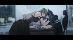 Rule 34 | 2girls, absurdres, arknights, arm scarf, baichuanhaokun, black dress, black gloves, blue hair, blurry, blurry background, book, ch&#039;en (arknights), chair, cowboy shot, dragon girl, dragon horns, dress, face-to-face, from side, gloves, great lungmen logo, green hair, hair over eyes, hand on another&#039;s cheek, hand on another&#039;s face, highres, hood, hooded jacket, horns, hoshiguma (arknights), indoors, jacket, leaning forward, letterboxed, long hair, multiple girls, office, parted lips, scar, scar on arm, single horn, skin-covered horns, sleeveless, sleeveless dress, table, too many, too many scars
