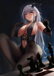Rule 34 | absurdly long hair, aegir (azur lane), azur lane, black pantyhose, board game, bodice, breast curtains, breasts, chess, cleavage, cross-laced clothes, demon horns, dutch angle, elbow gloves, gloves, highres, horns, large breasts, long hair, multicolored hair, night, night sky, pantyhose, red hair, shigatsu (4gate), sky, slit pupils, solo, star (sky), starry sky, streaked hair, thighs, very long hair, white hair, yellow eyes