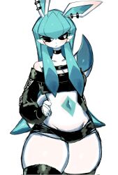 Rule 34 | 1girl, aqua hair, black choker, black sclera, black thighhighs, blush, breasts, choker, colored sclera, creatures (company), crop top, furry, furry female, game freak, gen 4 pokemon, glaceon, goth fashion, highres, long hair, long sleeves, looking to the side, micro shorts, navel, nintendo, pokemon, pokemon (creature), shorts, sidelocks, simple background, skindentation, small breasts, solo, standing, thighhighs, usa37107692, white background, white eyes