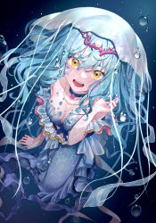 Rule 34 | 1girl, acco (sh in), blue choker, blue hair, blue theme, breasts, bubble, choker, cleavage, dress, fang, frills, hair between eyes, hand up, headpiece, highres, jellyfish, jewelry, looking at viewer, medium breasts, mermaid, monster girl, necklace, open mouth, original, solo, teeth, thick eyebrows, underwear, upper teeth only, water, yellow eyes