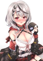 Rule 34 | 1girl, absurdres, belt collar, black gloves, blush, bow, braid, breasts, cleavage, collar, fang, fingerless gloves, garter straps, gloves, hair ornament, heart, heart necklace, heckler kai, highres, hololive, holox, hood, jacket, jewelry, large breasts, looking at viewer, multicolored hair, necklace, off shoulder, open mouth, plaid, plaid bow, red bow, red eyes, sakamata chloe, sakamata chloe (1st costume), silver hair, skirt, solo, streaked hair, thighhighs, virtual youtuber, x hair ornament