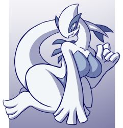 Rule 34 | 1girl, arched back, blue background, blue eyes, blush, breasts, collarbone, creatures (company), feet, female focus, full body, furry, furry female, game freak, gen 2 pokemon, gradient background, hand up, highres, kneeling, large breasts, leaning forward, legendary pokemon, lugia, nintendo, no nipples, personification, pokemon, pokemon (creature), pokemon gsc, rakkuguy, simple background, slit pupils, smile, solo, tail