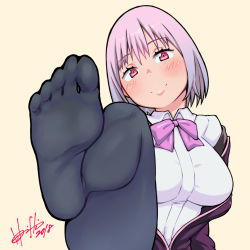 Rule 34 | 10s, 1girl, blush, breasts, feet, female focus, foot focus, from below, gridman universe, hori shin, large breasts, leg up, light purple hair, looking at viewer, pantyhose, pink eyes, pov, shinjou akane, smile, soles, solo, ssss.gridman, toes