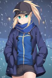 Rule 34 | 1girl, ahoge, artoria pendragon (fate), baseball cap, black hat, blonde hair, blue jacket, blue scarf, braid, cross (crossryou), fate/grand order, fate (series), french braid, green eyes, hair through headwear, hat, highres, jacket, looking at viewer, mysterious heroine x (fate), rojiura satsuki: chapter heroine sanctuary, scarf, shorts, snow, snowing, solo, track jacket