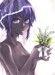 Rule 34 | 1girl, absurdres, dark skin, dark-skinned female, endou minari, fate/grand order, fate/prototype, fate/prototype: fragments of blue and silver, fate (series), flower, hassan of serenity (fate), highres, lily of the valley, looking at viewer, nail polish, nude, purple eyes, purple hair, short hair, solo, upper body, veil