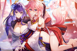Rule 34 | 2girls, animal ears, ankleband, bare shoulders, barefoot, braid, breasts, bridal gauntlets, chen ying (alan-yut), cherry blossoms, cleavage, closed mouth, commentary request, detached sleeves, earrings, fox ears, fox girl, fox tail, genshin impact, hair between eyes, hair ornament, hakama, highres, japanese clothes, jewelry, kimono, large breasts, legs, long hair, looking at viewer, low-braided long hair, low-tied long hair, mole, mole under eye, multiple girls, obi, pink hair, purple eyes, purple hair, purple kimono, raiden shogun, red hakama, sash, single bridal gauntlet, sleeves past wrists, tail, thighs, vision (genshin impact), yae miko
