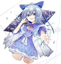 Rule 34 | 1girl, absurdres, alternate costume, ariez, blue bow, blue dress, blue eyes, blue hair, bow, character name, circled 9, cirno, cowboy shot, cropped legs, dress, hair between eyes, hair bow, highres, ice, looking at viewer, neck ribbon, open mouth, pink ribbon, ribbon, short hair, touhou