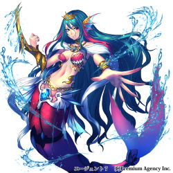 Rule 34 | 1girl, agent 7, akitani kou, aqua hair, bare shoulders, bracelet, breasts, character request, closed mouth, collar, crown, diadem, female focus, fins, fish tail, hair ornament, jewelry, long hair, looking at viewer, mermaid, midriff, monster girl, navel, necklace, official art, pink eyes, shell, simple background, solo, tail, very long hair, white background