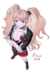 Rule 34 | 1boy, artist name, bear hair ornament, black choker, black footwear, black necktie, black shirt, blonde hair, blue eyes, bow, breasts, choker, cleavage, closed mouth, collarbone, crossed arms, danganronpa: trigger happy havoc, danganronpa (series), dated, enoshima junko, from above, hair ornament, highres, medium breasts, miniskirt, necktie, pleated skirt, red bow, red nails, red skirt, shirt, shoes, short sleeves, sihye (sihye1202), skirt, smile, solo, twintails