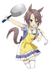 Rule 34 | 1girl, absurdres, amasaki333, animal ears, apron, bad id, bad pixiv id, blush, brown hair, cropped legs, frying pan, hand up, highres, holding, holding frying pan, holding ladle, horse ears, horse girl, horse tail, ladle, looking at viewer, narita taishin (umamusume), open mouth, outstretched arm, parted bangs, puffy short sleeves, puffy sleeves, sailor collar, school uniform, short hair, short sleeves, simple background, skirt, solo, tail, thighhighs, tracen school uniform, umamusume, white background, white skirt, white thighhighs