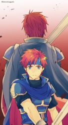 Rule 34 | 2boys, absurdres, armor, blue eyes, cape, eliwood (fire emblem), father and son, fire emblem, fire emblem: the binding blade, fire emblem: the blazing blade, fire emblem heroes, gloves, headband, highres, looking at viewer, male focus, multiple boys, nintendo, nishimura (nianiamu), red hair, roy (fire emblem), short hair, simple background, smile, weapon