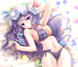 Rule 34 | 1girl, arm behind head, arm up, armpits, bare arms, bare shoulders, bed sheet, blue ribbon, bra, breasts, commentary, cowboy shot, crescent, crescent hair ornament, gluteal fold, groin, hair ornament, hand up, hat, hat ribbon, kaeranu kaeru, large breasts, long hair, looking at viewer, lying, mob cap, navel, on back, panties, patchouli knowledge, purple bra, purple eyes, purple hair, purple hat, purple panties, red ribbon, ribbon, shadow, side-tie panties, smile, solo, sparkle, stomach, thighs, touhou, underwear, underwear only
