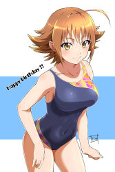 Rule 34 | 1girl, absurdres, ahoge, bare shoulders, blue background, blush, border, breasts, brown eyes, brown hair, closed mouth, collarbone, covered navel, cowboy shot, dot nose, flipped hair, happy birthday, highres, idolmaster, idolmaster cinderella girls, idolmaster cinderella girls starlight stage, large breasts, looking at viewer, nishijima kai, outside border, short hair, signature, simple background, smile, solo, standing, two-tone one-piece swimsuit, uchimura p, white border