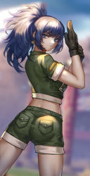 Rule 34 | 1girl, adjusting clothes, adjusting gloves, ass, black gloves, blue eyes, blue hair, blurry, blurry background, earrings, gloves, green jacket, green shorts, highres, hua-j, jacket, jewelry, leona heidern, looking at viewer, military, military uniform, ponytail, shorts, snk, solo, the king of fighters, the king of fighters xv, triangle earrings, uniform