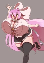 Rule 34 | 1girl, :d, black thighhighs, blush, bow, breasts, bursting breasts, button gap, cleavage, curvy, fang, gigantic breasts, grey background, hair bow, highres, huge bow, long hair, masked agent, miniskirt, open mouth, orange eyes, original, pink hair, shortstack, simple background, sketch, skindentation, skirt, smile, solo, thick thighs, thighhighs, thighs, ursula (masked agent), very long hair, waving, zettai ryouiki