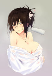 Rule 34 | 10s, 1girl, alternate costume, bba1985, breast hold, breasts, brown eyes, brown hair, bust cup, female focus, hair between eyes, highres, kaga (kancolle), kantai collection, large breasts, looking at viewer, parted lips, side ponytail, solo, upper body