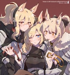 Rule 34 | 3girls, animal collar, animal ear fluff, animal ears, arknights, aunt and niece, black gloves, black sweater, blemishine (arknights), blonde hair, blue eyes, blush, bow, breasts, chain, character name, cloak, closed mouth, collar, commentary, fur-trimmed cloak, fur trim, gloves, hair between eyes, hair bow, headphones, highres, horse ears, incest, kyou 039, long hair, looking at viewer, medium breasts, multiple girls, nearl (arknights), open mouth, orange eyes, patterned clothing, polka dot, polka dot background, ponytail, red background, ribbed sweater, siblings, simple background, sisters, smile, sweater, turtleneck, turtleneck sweater, twitter username, upper body, whislash (arknights), white cloak, yellow eyes, yuri