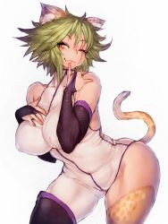 Rule 34 | animal ears, asymmetrical clothes, bent over, bodysuit, breast suppress, breasts, elbow gloves, fang, fumio (rsqkr), gloves, green eyes, green hair, large breasts, one eye closed, original, smile, solo, tail