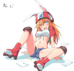 Rule 34 | 1girl, animal ears, arm support, belt, blue eyes, blush, breasts, charlotte e. yeager, covered erect nipples, crop top, denim, denim shorts, ears through headwear, fallen down, female focus, front-tie top, helmet, knee pads, letter, letters, long hair, medium breasts, michairu, midriff, navel, one eye closed, open belt, open clothes, open fly, open mouth, open shorts, orange hair, rabbit ears, rabbit girl, roller skates, shirt, short shorts, shorts, skates, solo, spread legs, strike witches, tied shirt, unbuttoned, unfastened, unzipped, wink, world witches series