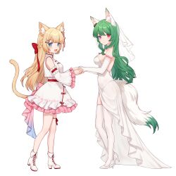 Rule 34 | 2girls, :d, absurdres, alternate costume, animal ear fluff, animal ears, arisa maple, backless dress, backless outfit, bare shoulders, bell sleeves, blonde hair, blue eyes, blush, body writing, boots, bow, braid, breasts, bridal veil, cat ears, cat girl, cat tail, chinese clothes, chinese commentary, choker, commentary request, covered navel, cross-laced footwear, detached sleeves, dress, elbow gloves, facing another, facing to the side, fish hair ornament, fox ears, fox girl, fox tail, french braid, frilled sleeves, frills, full body, gloves, green hair, green tail, hair bow, hair ornament, hairclip, hanazono serena, hand grab, heterochromia, high heel boots, high heels, highres, indie virtual youtuber, leg ribbon, long hair, looking at viewer, medium breasts, miyayoki, multiple girls, open mouth, purple eyes, red bow, red eyes, red ribbon, ribbon, see-through, see-through dress, simple background, skindentation, smile, standing, tail, thigh ribbon, thighhighs, two-tone tail, veil, virtopia club, virtual youtuber, wedding dress, white background, white choker, white dress, white footwear, white gloves, white tail, white thighhighs, white veil, wide sleeves, x hair ornament, yellow tail