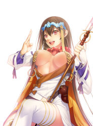 Rule 34 | 1girl, :d, armor, beads, between legs, bracelet, breasts, breasts out, brown hair, earrings, eyelashes, fate/grand order, fate (series), fingernails, gourd, hair between eyes, hat, headpiece, holding, holding staff, hoop earrings, japanese armor, jewelry, khakkhara, kote, large breasts, long hair, long sleeves, monk, necklace, no bra, open clothes, open mouth, prayer beads, purple ribbon, red lips, ribbon, ribbon-trimmed sleeves, ribbon trim, ring, shakujou, smile, solo, staff, thighhighs, underboob, very long hair, white background, white thighhighs, xuangzang sanzang (fate), yoshimune (b12f)