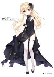 Rule 34 | 1girl, bare arms, bare shoulders, black dress, black flower, black footwear, blonde hair, blush, closed mouth, commentary request, copyright request, dress, flower, full body, hair flower, hair ornament, head tilt, loading (verjuice), long hair, looking at viewer, red eyes, see-through, shoes, simple background, sleeveless, sleeveless dress, smile, solo, standing, standing on one leg, thighhighs, transparent background, very long hair, white background, white thighhighs, yellow flower