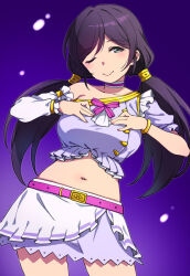 Rule 34 | 1girl, ;), bare shoulders, belt, blush, breasts, closed mouth, detached sleeves, duke (inu daimyou), gradient background, green eyes, long hair, love live!, love live! school idol project, low twintails, medium breasts, midriff, navel, one eye closed, pink belt, purple background, purple skirt, single detached sleeve, skirt, smile, solo, thighs, tojo nozomi, twintails, two-tone skirt, white skirt, white sleeves