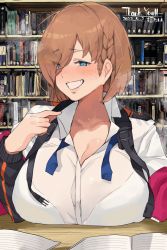 Rule 34 | 1girl, blue eyes, blush, bookshelf, breast rest, breasts, breath, brown hair, cleavage, clenched teeth, female focus, hair over one eye, hand up, heavy breathing, highres, index finger raised, indoors, jacket, jacket partially removed, large breasts, library, looking at viewer, makingtawawa, open clothes, open jacket, shirt, short hair, sitting, smile, solo, sweat, table, teeth, thank you, white shirt