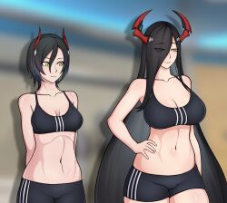Rule 34 | 2girls, alternate costume, arms behind back, azur lane, bike shorts, black hair, black shorts, black sports bra, breasts, cleavage, commentary, english commentary, facing viewer, friedrich der grosse (azur lane), hair between eyes, hair over one eye, hand on own hip, highres, hip focus, horns, large breasts, long hair, looking afar, looking at another, medium breasts, medium hair, medium support (meme), meme, midriff, multiple girls, navel, shorts, smile, sports bra, sportswear, ulrich von hutten (azur lane), very long hair, whiter 23, yellow eyes