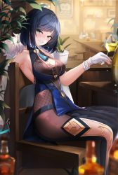 Rule 34 | 1girl, absurdres, armpits, blue hair, blurry, blush, bottle, breasts, chair, choker, cleavage, cup, depth of field, dice, fingerless gloves, fishnets, from side, fur-trimmed jacket, fur trim, genshin impact, gloves, green eyes, grin, highres, holding, holding cup, jacket, large breasts, looking at viewer, mole, mole on breast, on shoulder, pelvic curtain, restaurant, rudae, short hair, sitting, smile, solo, stool, table, tassel, thighs, white choker, white gloves, yelan (genshin impact)