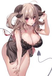 Rule 34 | 1girl, ahoge, arm up, babydoll, black babydoll, black bra, blush, bra, breasts, brown hair, cleavage, collarbone, commentary request, crossed bangs, demon girl, demon tail, gradient hair, hair between eyes, hand on own thigh, highres, horns, komupi, large breasts, leaning forward, lingerie, long hair, multicolored hair, open mouth, original, pointy ears, red eyes, red hair, sheep horns, simple background, solo, tail, underwear, white background