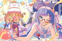 Rule 34 | 1girl, :3, ahoge, anniversary, argyle clothes, argyle pantyhose, balloon, birthday cake, black pantyhose, blue eyes, blue hair, blue nails, blush, cake, cellphone, commentary request, dress, eel hat, emoji, envelope, facial tattoo, fang, food, foot up, fork, glasses, gradient hair, hair ornament, hairclip, hand on own chin, head rest, highres, holding, holding fork, holding phone, long hair, looking at viewer, low twintails, lying, multicolored hair, neckerchief, number tattoo, on stomach, one eye closed, open mouth, otomachi una, otomachi una (talkex), pantyhose, phone, pink hair, purple dress, red-framed eyewear, sailor collar, semi-rimless eyewear, short dress, sleeveless, sleeveless dress, smartphone, smile, solo, sparkle, streamers, string of flags, stuffed animal, stuffed toy, suiso sn3, talkex, tattoo, teddy bear, twintails, very long hair, voiceroid, white neckerchief, white sailor collar