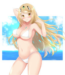 Rule 34 | 1girl, arm behind head, arm up, artist request, bikini, blonde hair, blush, breasts, cleavage, cloud, gem, headpiece, jewelry, large breasts, long hair, looking at viewer, musubi moni, mythra (xenoblade), navel, nintendo, ocean, shiny skin, skindentation, sky, smile, solo, swimsuit, thighs, tiara, very long hair, water, white bikini, xenoblade chronicles (series), xenoblade chronicles 2, yellow eyes