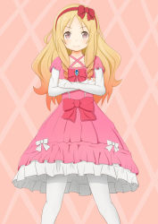 Rule 34 | &gt;:), 10s, 1girl, blonde hair, blush, bow, brown eyes, closed mouth, collarbone, criss-cross halter, crossed arms, curly hair, dress, eromanga sensei, halterneck, highres, lolita fashion, long hair, long sleeves, md5 mismatch, pantyhose, pink background, pink dress, pointy ears, red bow, resolution mismatch, shishou (doragyurosu), solo, source larger, standing, v-shaped eyebrows, white pantyhose, yamada elf