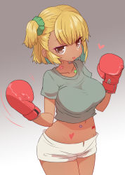 Rule 34 | 1girl, :p, blonde hair, blush, boxing gloves, breasts, brown eyes, collarbone, commentary request, cowboy shot, crop top, dark-skinned female, dark skin, eyeshadow, gradient background, green scrunchie, grey background, hair ornament, hair scrunchie, hands up, heart, highres, large breasts, looking at viewer, makeup, midriff, navel, one side up, original, scrunchie, short hair, short shorts, short sleeves, shorts, simple background, smile, solo, sumiyao (amam), tongue, tongue out, white shorts