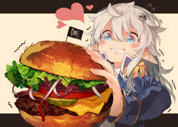 Rule 34 | 1girl, blue eyes, blush, burger, food, food focus, heart, heart-shaped pupils, holding, holding food, long hair, long sleeves, looking at viewer, original, oversized food, oversized object, pointy ears, saliva, sankyaku tako, silver hair, solo, symbol-shaped pupils, upper body