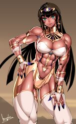 Rule 34 | 1girl, abs, ankh, ankh earrings, aqua eyes, bowalia, bracelet, breasts, bridal gauntlets, brown hair, contrapposto, cyborg, egyptian, gold, gold trim, hand on own hip, hand on own thigh, jewelry, large breasts, long hair, looking at viewer, muscular, muscular female, original, revealing clothes, shiny skin, signature, solo, standing, thighhighs, usekh collar