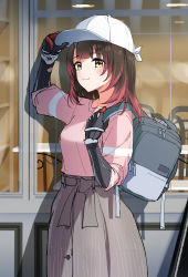 Rule 34 | 1girl, :3, absurdres, alternate costume, android, backpack, bag, baseball cap, brown hair, colored tips, commentary, english commentary, from side, grey bag, grey skirt, hat, highres, hololive, looking at viewer, mechanical arms, multicolored hair, nonbire, pink hair, pink shirt, roboco-san, shirt, shirt tucked in, skirt, smile, solo, unfinished, virtual youtuber, white hat, window, yellow eyes