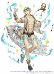 Rule 34 | 1boy, :d, aladdin (sinoalice), anklet, blonde hair, blue eyes, bracelet, crocs, eyewear on head, full body, glasses, highres, jewelry, ji no, looking at viewer, male focus, muscular, official art, oil lamp, open mouth, pixels, ring, see-through, shirt, sinoalice, smile, solo, space invaders, square enix, surfboard, swimsuit, tattoo, upper body, water, wet, white background