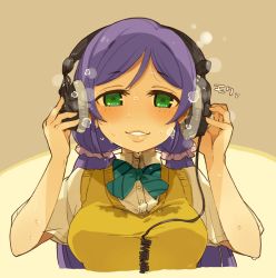 Rule 34 | 10s, 1girl, breasts, eargasm, green eyes, headphones, highres, large breasts, lips, listening to music, long hair, looking at viewer, love live!, love live! school idol project, mota, purple hair, school uniform, simple background, sketch, smile, solo, sweat, sweater vest, tojo nozomi, twintails, uncommon stimulation, upper body