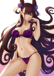Rule 34 | 1girl, bare shoulders, bra, breasts, brown hair, cleavage, collarbone, commentary request, cone hair bun, contrapposto, curly hair, expressionless, fate/grand order, fate (series), finger to mouth, floating hair, gradient background, groin, hair between eyes, hair bun, hair ornament, hand on own thigh, hand on thigh, hand up, highres, hip focus, lace, lace-trimmed bra, lace-trimmed panties, lace trim, large breasts, lingerie, long hair, looking at viewer, mashuu (neko no oyashiro), murasaki shikibu (fate), navel, panties, purple bra, purple eyes, purple panties, sidelocks, simple background, skindentation, stomach, thighs, underwear, underwear only, very long hair