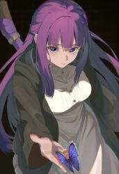 Rule 34 | absurdres, black coat, black robe, blunt bangs, blush, bug, butterfly, closed mouth, coat, dress, fern (sousou no frieren), from above, highres, insect, izei1337, long hair, long sleeves, looking at viewer, mage staff, puffy sleeves, purple eyes, purple hair, purple pupils, robe, sousou no frieren, straight hair, white dress