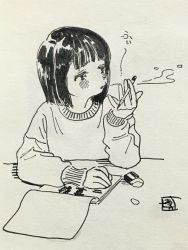 Rule 34 | 1girl, blowing, desk, eraser, greyscale, highres, hiro (dismaless), image sample, monochrome, notebook, open mouth, original, pencil, signature, simple background, solo, sweater