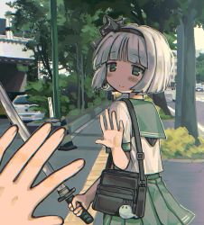 Rule 34 | 1girl, alternate costume, bad id, bad twitter id, blunt bangs, blush, car, closed mouth, day, disembodied hand, green eyes, green skirt, hairband, highres, holding, holding sword, holding weapon, konpaku youmu, looking at viewer, motor vehicle, outdoors, pleated skirt, rnfhv, school uniform, short hair, short sleeves, skirt, smile, sword, touhou, weapon, white hair