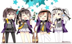 Rule 34 | &gt; &lt;, 4girls, ahoge, akizuki (kancolle), alcohol, bad id, bad twitter id, bare legs, barefoot, beer, beer bottle, black bodysuit, black hair, black headband, black legwear, black neckerchief, black sailor collar, black skirt, bodysuit, bottle, braid, brown hair, buttons, chibi, closed eyes, closed mouth, clothes writing, commentary request, cup, drinking glass, drinking straw, drooling, drunk, green eyes, grey eyes, hachimaki, hair between eyes, hair flaps, hair ornament, happi, hatsuzuki (kancolle), headband, holding, holding bottle, holding cup, ice, ice cube, japanese clothes, kantai collection, knmnw, light brown hair, long hair, miniskirt, mouth drool, multiple girls, neckerchief, one side up, open mouth, pantyhose, pleated skirt, ponytail, propeller hair ornament, sailor collar, school uniform, serafuku, short hair, silver hair, simple background, skirt, star (symbol), suzutsuki (kancolle), sweatdrop, teruzuki (kancolle), thighhighs, twin braids, twitter username, white bodysuit, white legwear, white neckerchief, white skirt, yellow neckerchief
